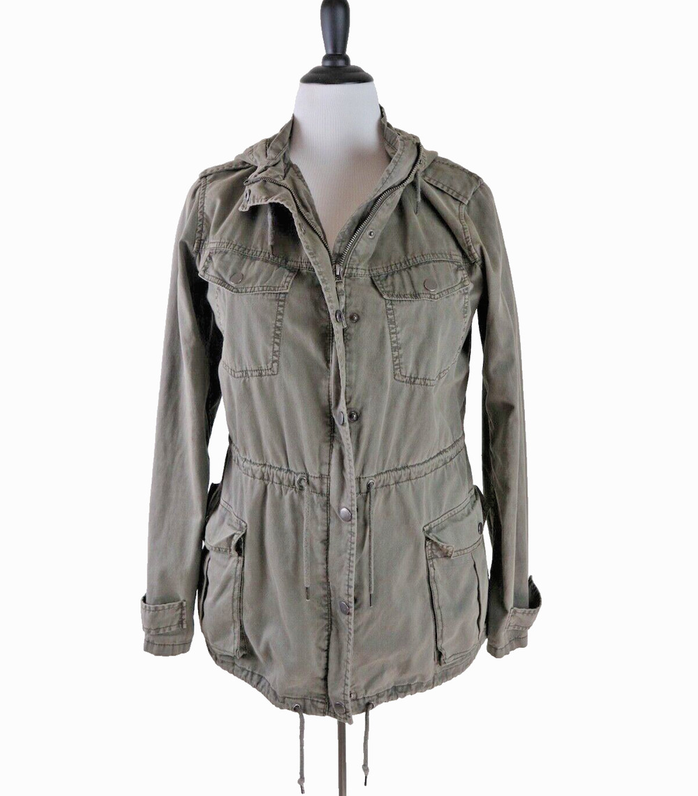 Blanc Noir Size M Hooded Cargo Jacket Full Zip Utility Army Green
